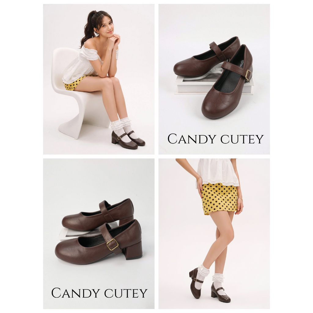 CandyCutey รองเท้าแมรี่เจนผู้หญิง หัวกลมน่ารัก สไตล์เกาหลีเรียบง่ายสุภาพ ส้นกลางสบาย เสริมบุคลิก จับคู่ชุดได้หลากหลาย