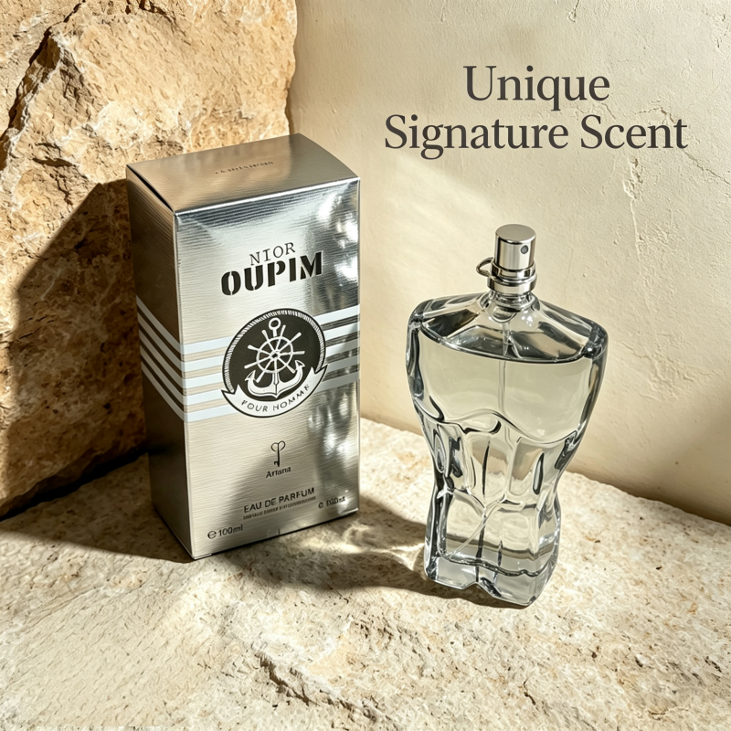 Ariana Nior Oupim Pour Homme Eau De Parfum 100ml, Creative Muscle Torso Transparent Grey Bottle, Silver Plated Nautical