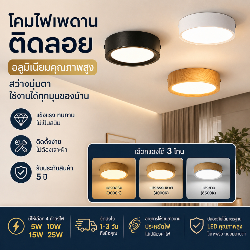 CANMEIJIA 3 สี ไฟดาวน์ไลท์ ดาวน์ไลท์ติดลอย โคมไฟเพดาน ดาวน์ไลท์ Downlight 5W 10W 15W 25W กรณีอลูมิเนียม ไฟติดห้อง