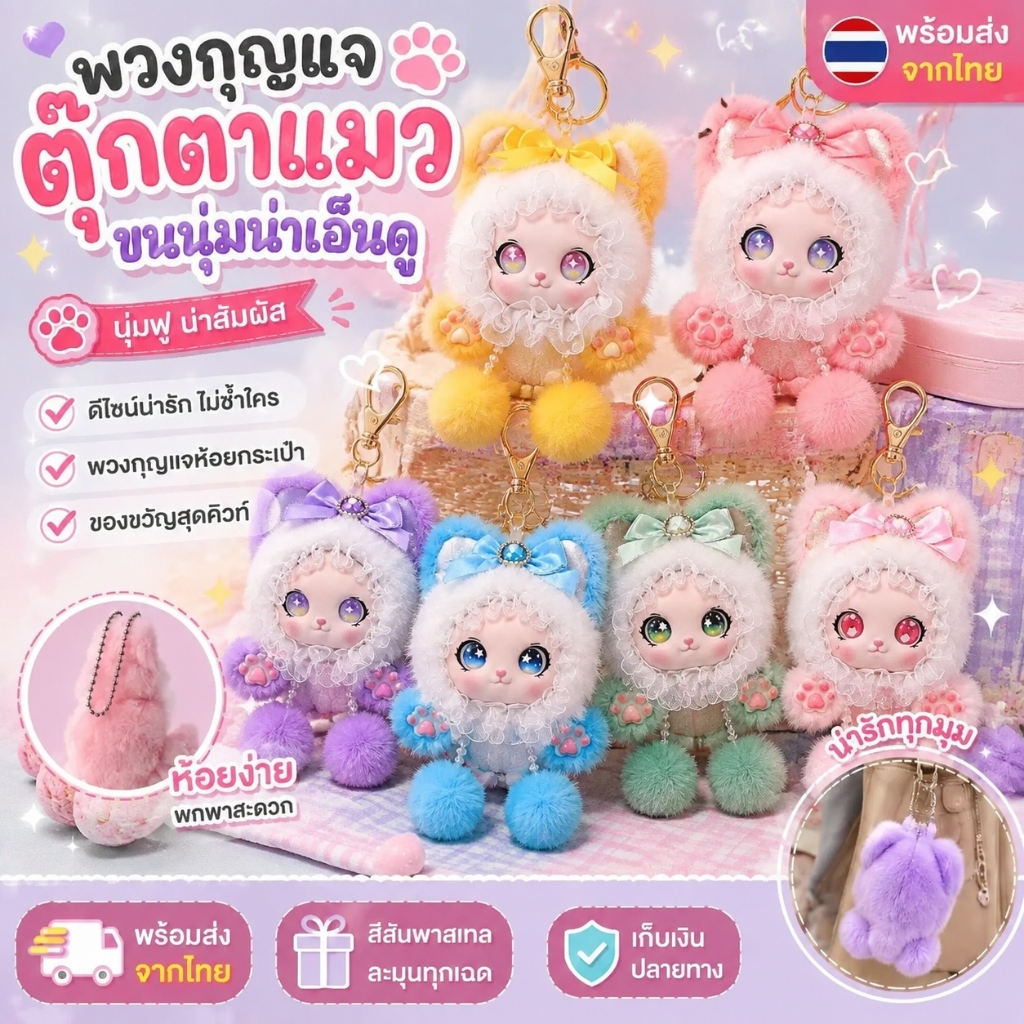 พวงกุญแจกระต่ายน่ารัก ตุ๊กตาห้อยกระเป๋า ขนนุ่ม  พวงกุญแจกระเป๋าเป้