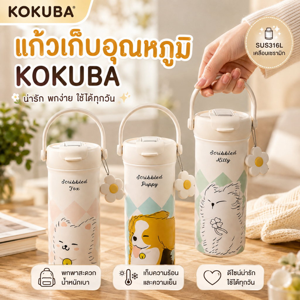 kokuba 550ML กระบอกน้ำเก็บอุณหภูมิ กระติกสุญญากาศเซรามิคไลเนอร์ ชุดภาพวาดลายพิเศษ แก้วเก็บความเย็น