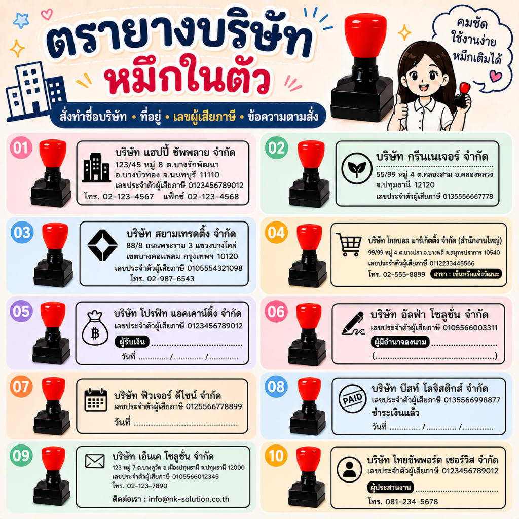 ตรายางบริษัท หมึกในตัว สั่งทำชื่อบริษัท ที่อยู่ เลขผู้เสียภาษี ข้อความตามสั่ง