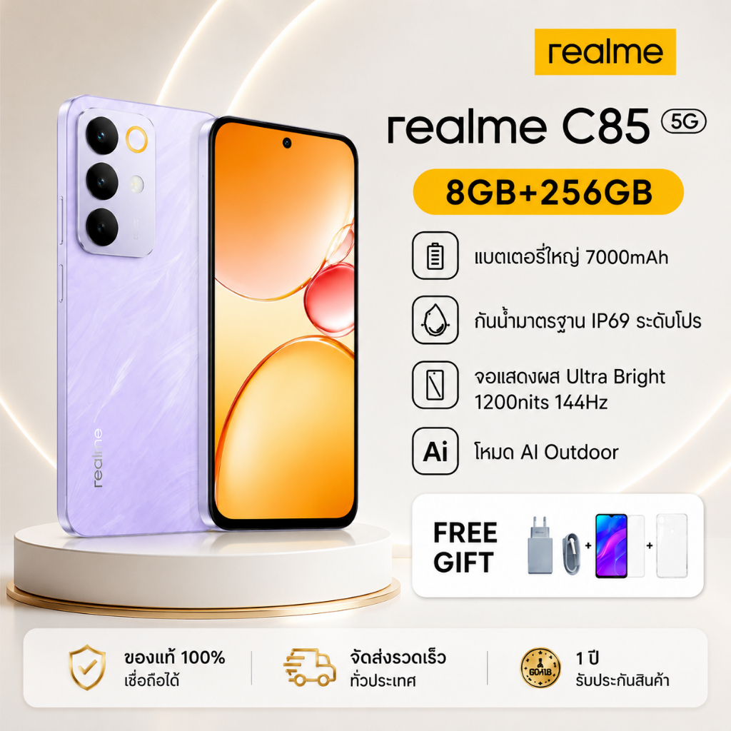 C85 5G (8GB+256GB) สมาร์ทโฟน จอใหญ่ 6.8 นิ้ว 144Hz กล้อง AI 50MP แบตเตอรี่ 7000mAh ชาร์จเร็ว 33W