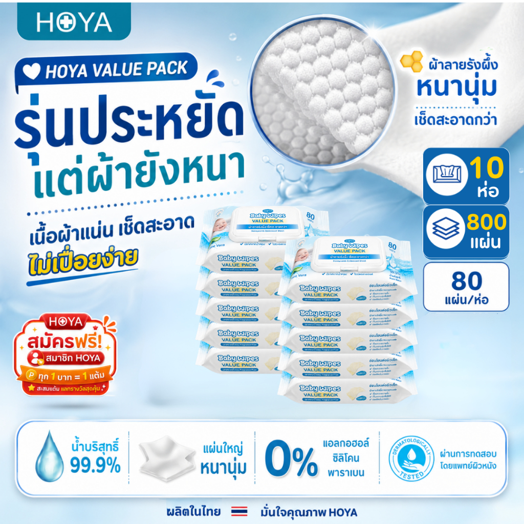 HOYA Baby Wipes ทิชชู่เปียกเด็ก 80 แผ่น x 10 ห่อ รวม 800 แผ่น Value Pack สูตรไม่มีน้ำหอม น้ำบริสุทธิ