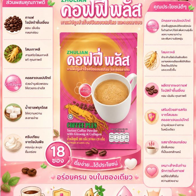 คอฟฟี่ พลัส กาแฟปรุงสำเร็จชนิดผงผสมโสม (40 ซอง x 20 กรัม) TF2580