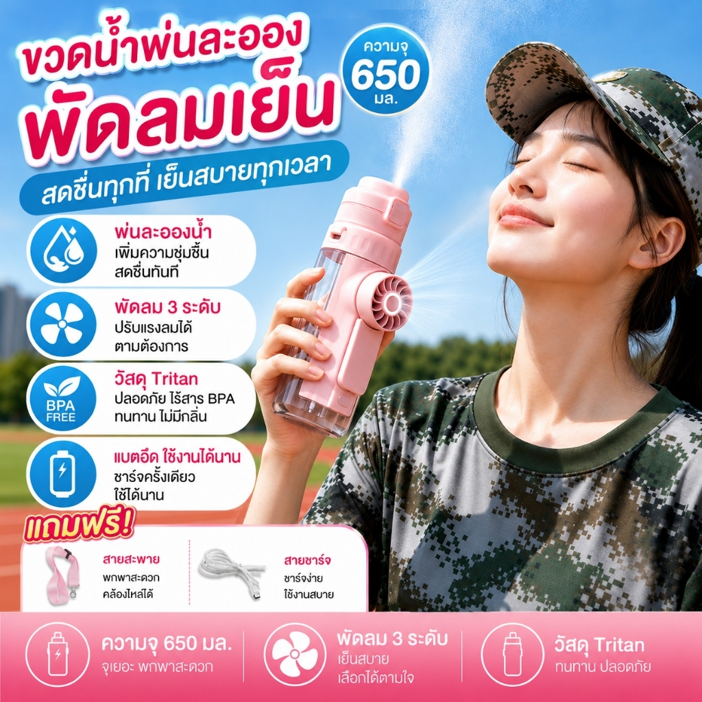 รุ่นใหม่ กระติกน้ําพกพา ขนาด690ml ทั้งลมทั้งน้ำ 2 IN 1 พัดลม + พ่นไอน้ำ สไตล์สปอร์ต กระบอกน้ำดื่ม แก้วหัดดื่ม กันสำลัก