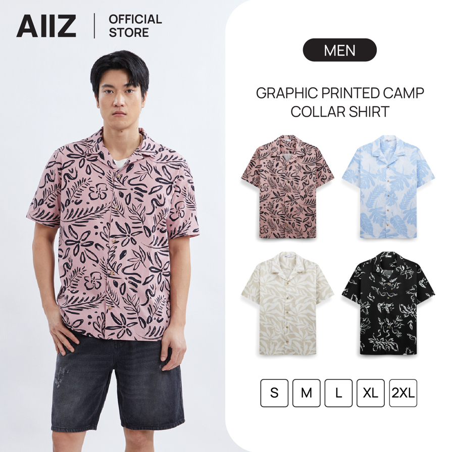 AIIZ เสื้อเชิ้ตผู้ชายแขนสั้นปกฮาวายพิมพ์ลาย AIIZ Men's Graphic Printed Camp Collar Shirt