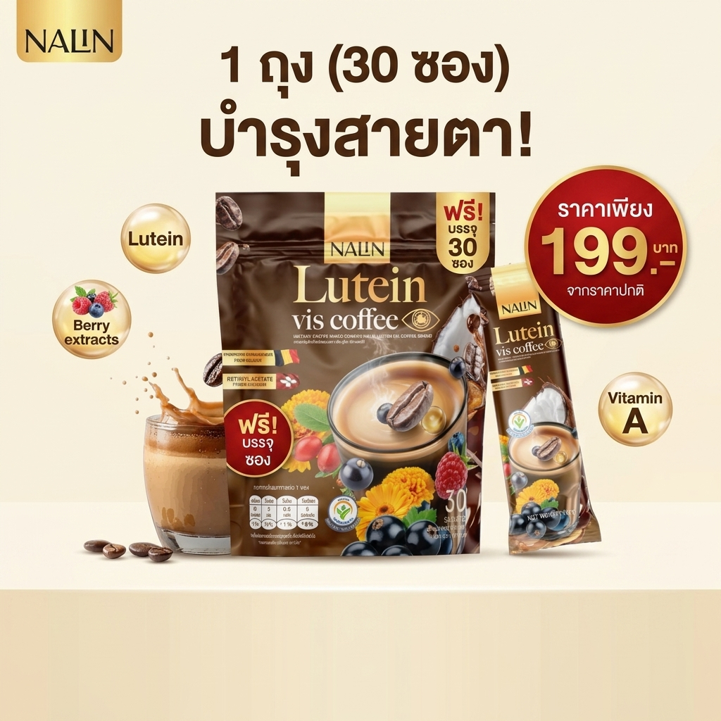 NALIN Lutein Vis Coffee กาแฟเพื่อสุขภาพ บำรุงสายตา 1 ถุง มี 30 ซอง