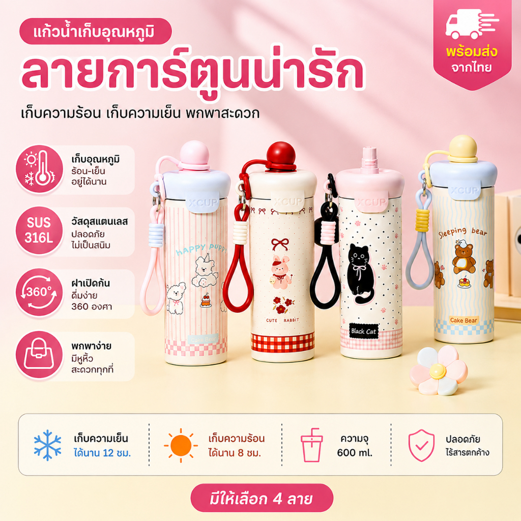 แก้วเก็บอุณหภูมิ 316 สแตนเลส ลายการ์ตูนน่ารัก พร้อมหลอดดูด กันรั่ว เก็บร้อนเย็น พกพาง่าย สำหรับเด็กและเดินทาง