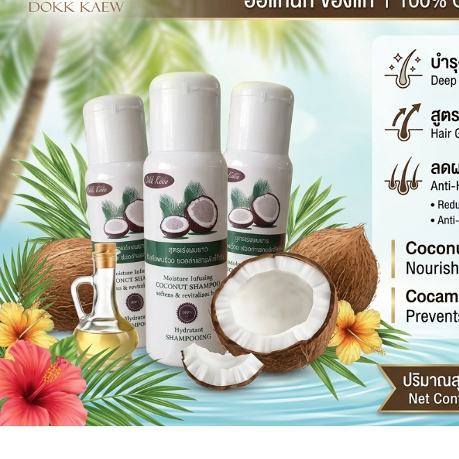 แชมพูมะพร้าว ดอกแก้ว (Dokk Kaew) 250ml สูตรเร่งผมยาว ลดผมร่วง ล้างสารพิษ ออแกนิกผมนุ่มลื่นเงางาม