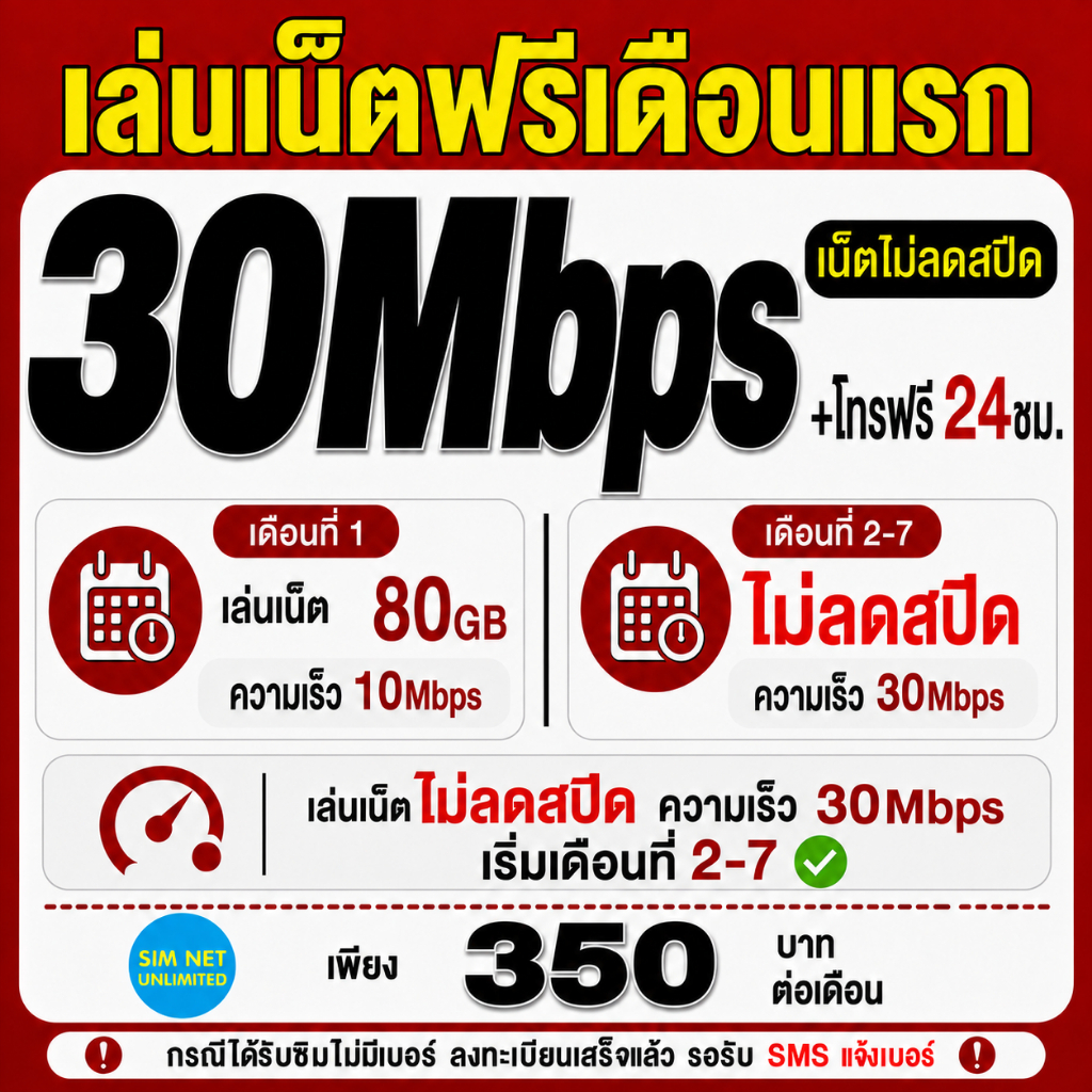 (เล่นฟรีเดือนแรก) ซิมเทพ true เล่นเน็ตไม่ลดสปีด ความเร็ว 30Mbps (พร้อมใช้ฟรี true wifi ทุกแพ็กเกจ)