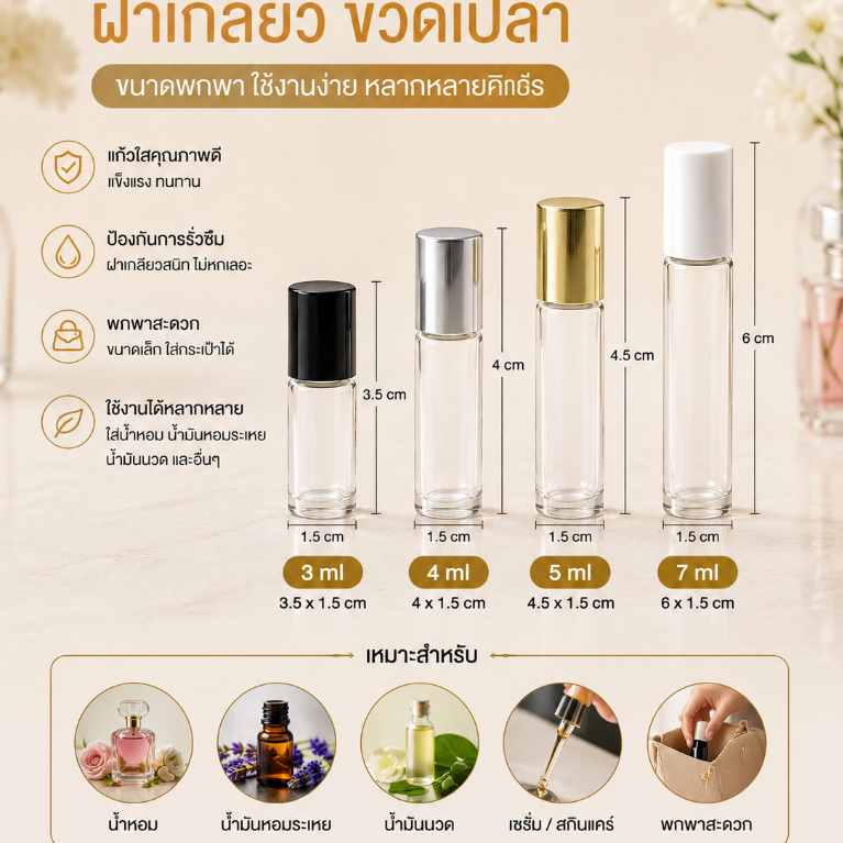 T001ขวดน้ำหอมเปล่า ขวดแก้วใสฝาเกลียว 3ML 4ML 5ML 7ML ขนาดพกพา