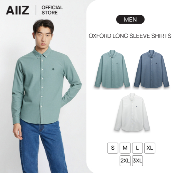 AIIZ เสื้อเชิ้ตผู้ชายแขนยาวผ้าอ๊อกฟอร์ดสีพื้น Men's Oxford Long Sleeve Shirts