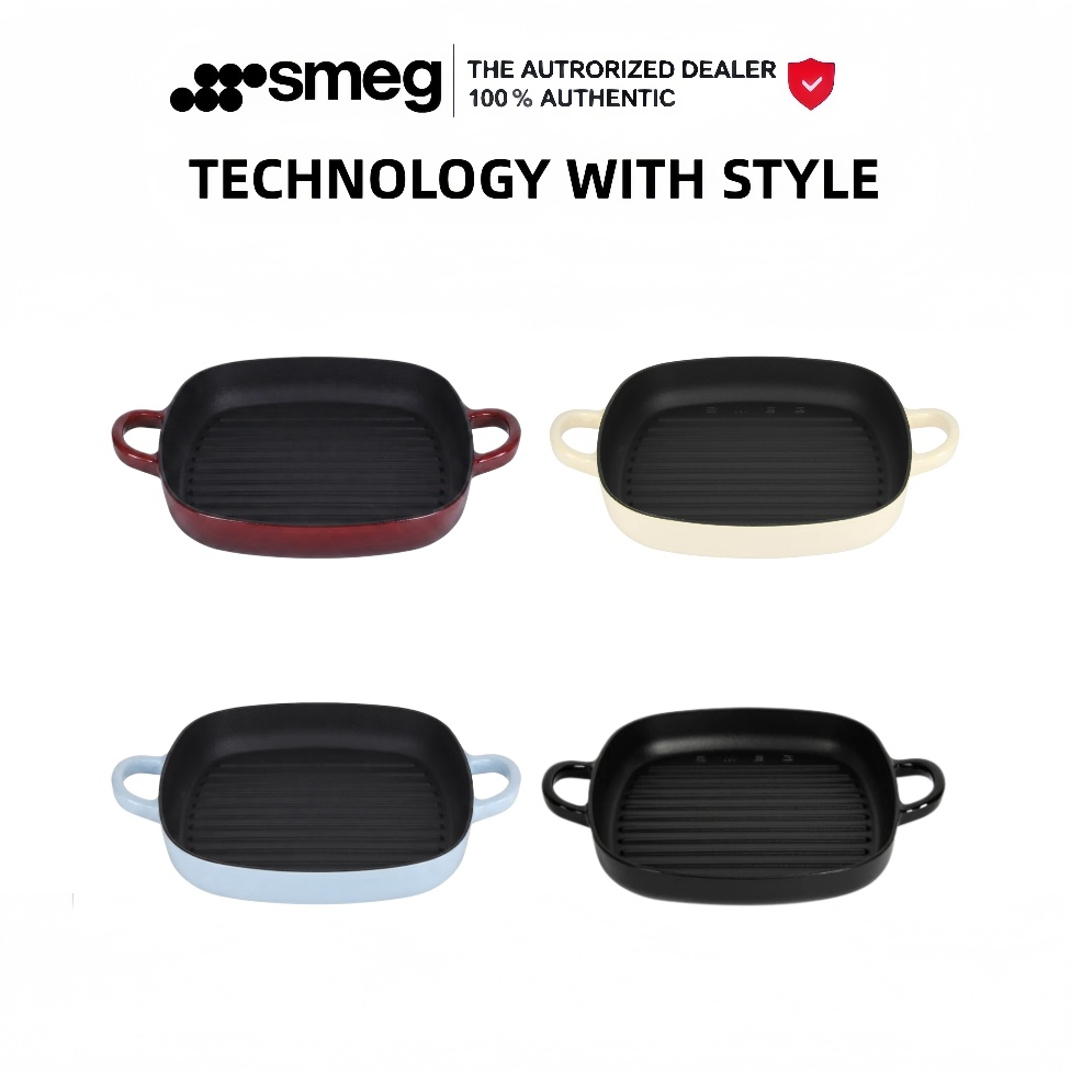 Smeg Cast Iron Grill Pan กระทะย่างเหล็กหล่อ 24ซม. ด้ามจับคู่ ดีไซน์เรโทรอิตาเลียน ของแท้100% ตัวแทนจำหน่าย