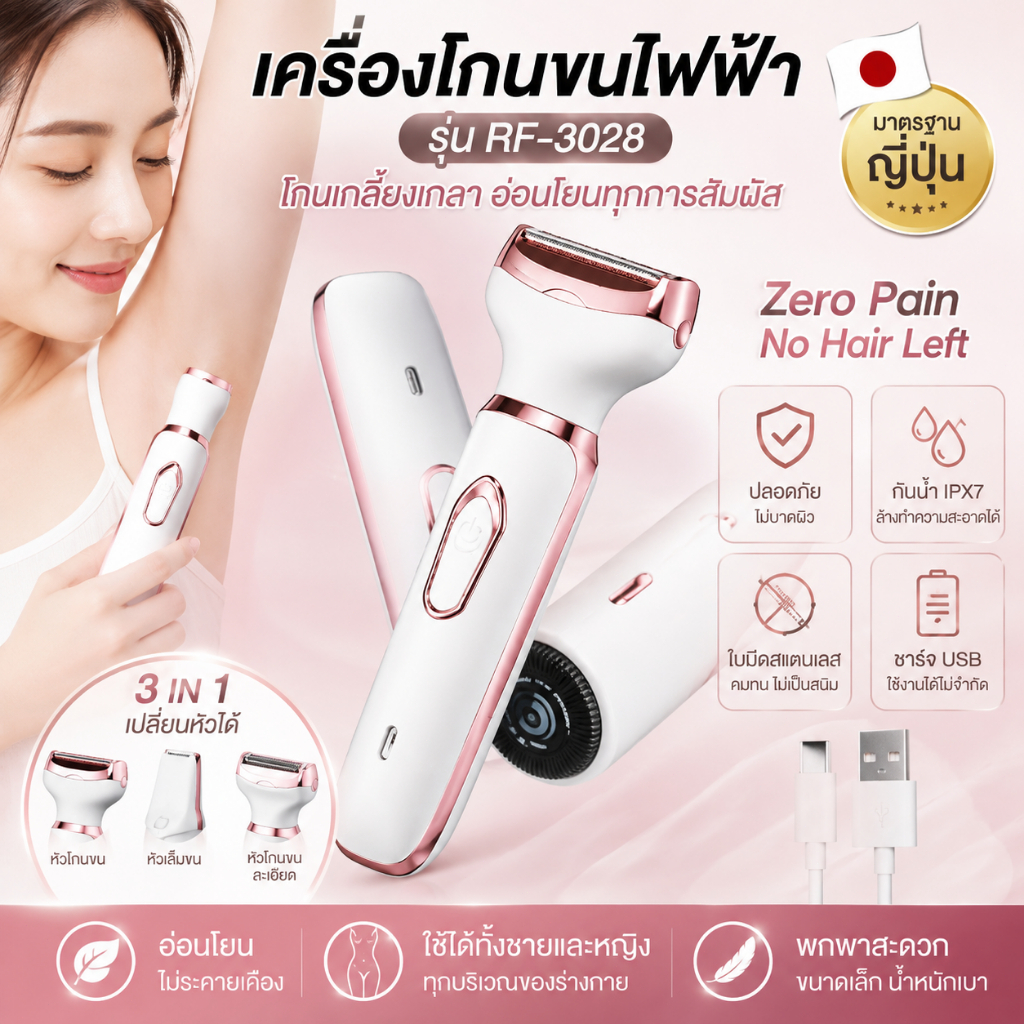[ขาดทุนเคลียร์สต็อก] เครื่องโกนขนไฟฟ้าญี่ปุ่น ไร้สาย กันน้ำ IPX7 ใช้ได้ทั้งจุดซ่อนเร้น รักแร้ ขา ปลอดภัย ไม่เจ็บ ราคาโละ