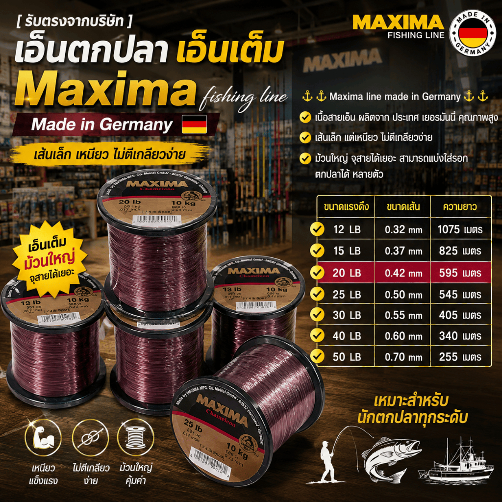 [ รับตรงจากบริษัท ] เอ็นตกปลา เอ็นเต็ม Maxima สีน้ำตาลแดง Made in Germany เส้นเล็ก เหนียว ไม่ตีเกลียวง่าย fishing line