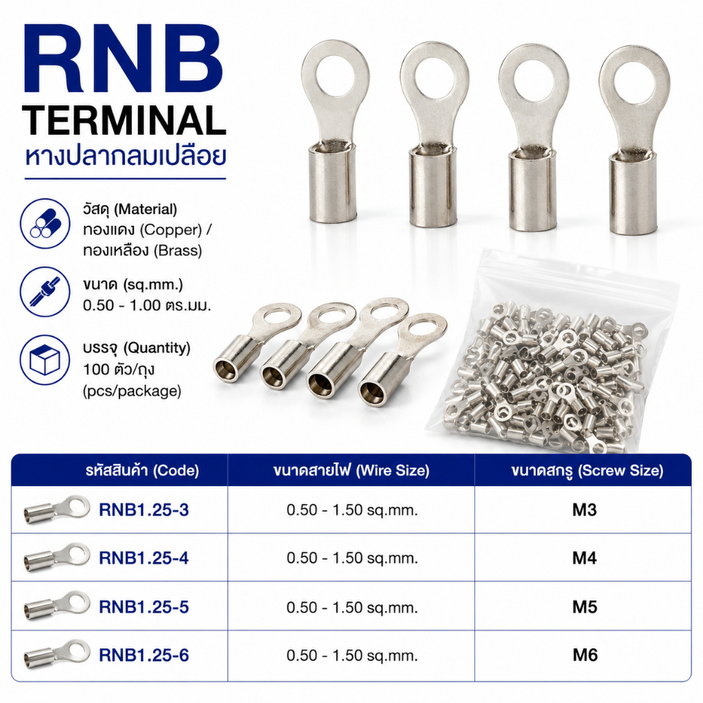 หางปลากลมเปลีอย ขนาด 0.50-1.00  ตร.มม. ทองแดง/ทองเหลือง (RNB terminal Size : 0.50-1.00 sq.mm. Copper