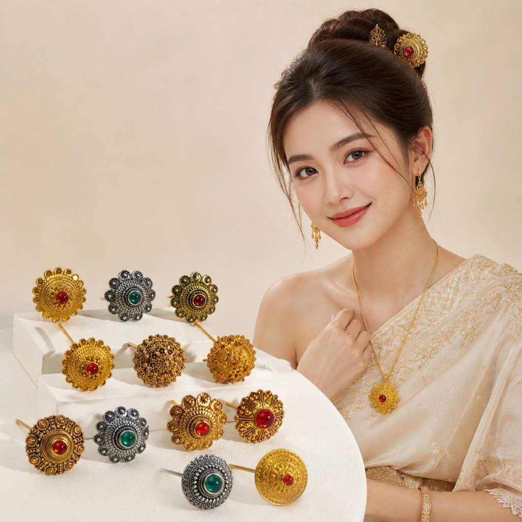 ปิ่นปักผมชุดไทย ปิ่นล้านนา ปิ่นเจ้านาง ลายไทยโบราณ ประดับพลอย สำหรับมวยผม นางรำ เจ้าสาว