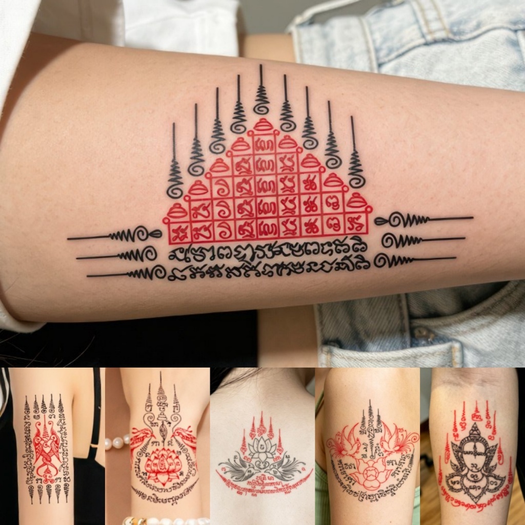 Magic Tattoo แทททู ยันต์ไทย สีแดง ห้าแถว เก้ายอด ดอกบัว กันน้ำกันเหงื่อ5-7วัน ติดแล้วสีขึ้นทันที ไม่ต้องรอ รอยสักชั่วคร