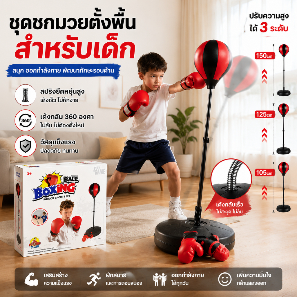 [150cm] เป้าหมายสำหรับเด็ก อุปกรณ์ชกมวย มาพร้อมถุงมือชกมวย แลมวย ปรับความสูงได้ เพิ่มควา ของเล่นเด็กผู้ชาย