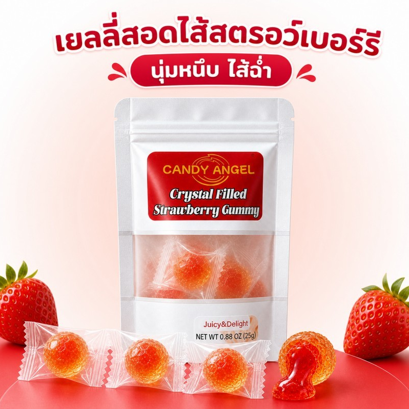 CANDY ANGEL เยลลี่สตรอว์เบอร์รี 100กรัม เยลลี่ไส้ฉ่ำ นุ่มหนึบ หอมหวานอมเปรี้ยว ขนมต่างประเทศ ขนมขายส่ง พกง่าย แบ่งปันได้