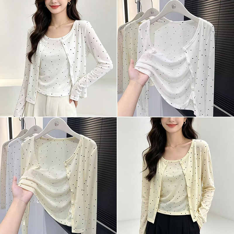 ส่งจากไทย🔥ผ้าคลุมไหล่ผู้หญิง แขนยาว เสื้อคาร์ดิแกนแจ็คเก็ตบาง ลายจุด กระดุมหน้า ผ้าเนื้อเบา โปร่งสบาย สวมใส่สบาย #F060