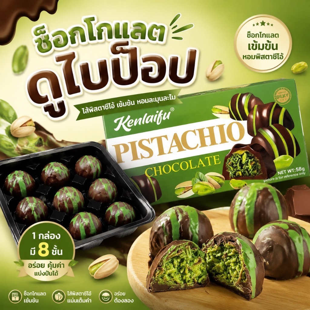 ช็อกโกแลตดูไบป๊อป สอดไส้กรุบกรอบ เคลือบช็อกโกแลต ความอร่อยสไตล์ดูไบ 1 กล่อง 8 ชิ้น ขนาด 58 กรัม