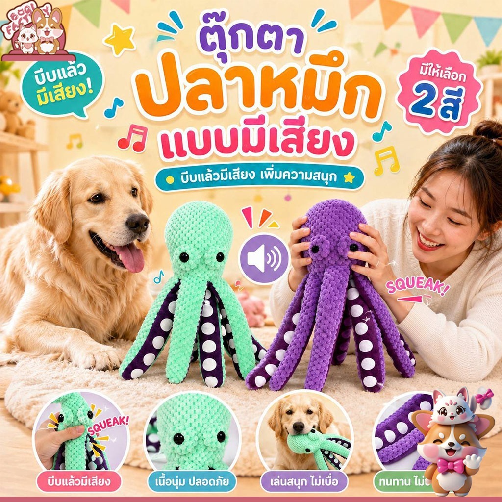 Boqi factory ตุ๊กตาปลาหมึกมีเสียง ของเล่นสุนัขและสัตว์เลี้ยง ผ้าลูกฟูกนุ่ม บีบแล้วมีเสียง Octopus