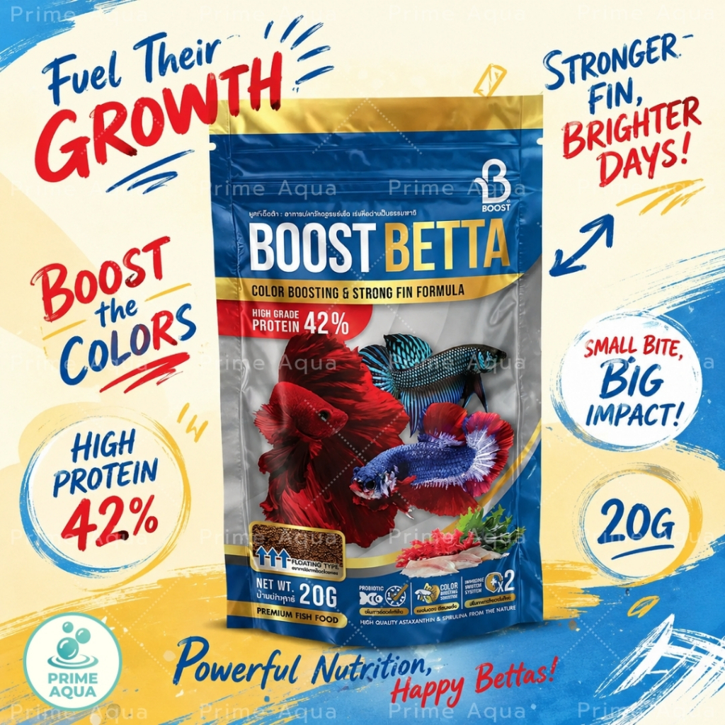 ขนาด 20G บูสท์ อาหารปลากัด สูตรเร่งโตเร่งสี โปรตีนสูง 42% ย่อยง่าย Boost Betta