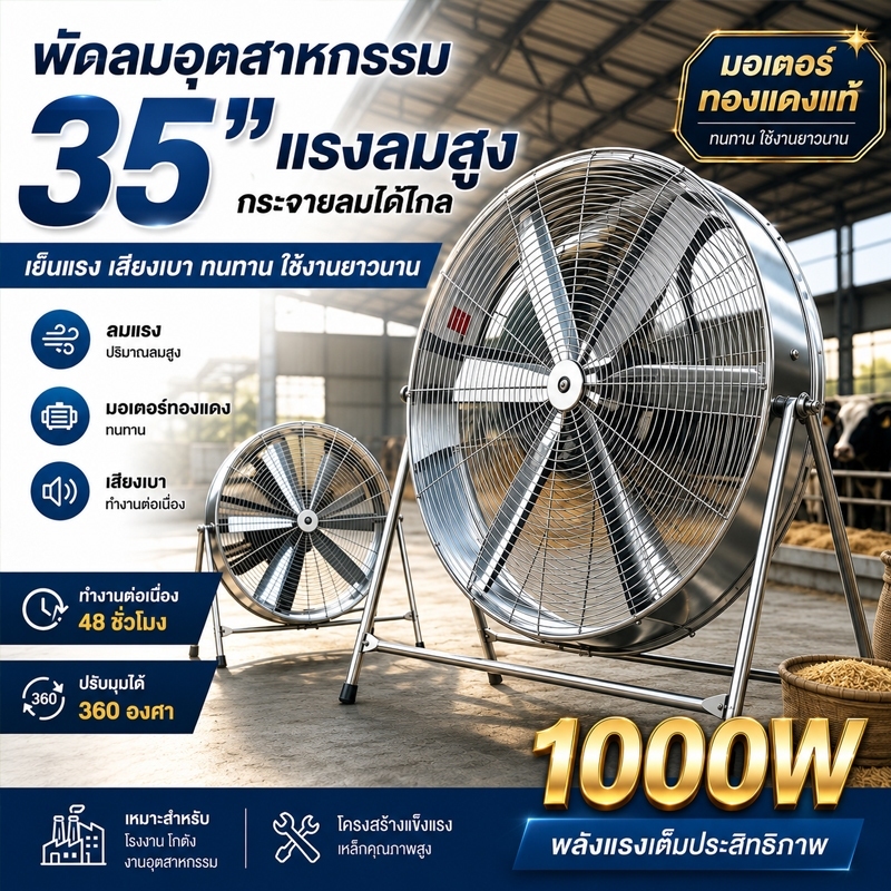 พัดลมอุตสาหกรรม 35 นิ้ว 1000W ลมแรงพิเศษ 6 ใบพัด มอเตอร์ทองแดงแท้ พัดลมตั้งพื้น ปรับได้ 360° สำหรับโรงงาน ฟาร์ม โกดัง