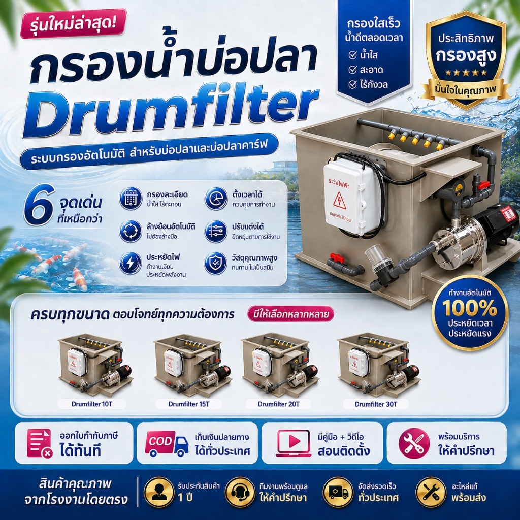 รุ่นประหยัดสุดคุ้ม! Drumfilter 10T วัสดุPP แข็งแรง กันกัดกร่อน กรองละเอียด ประหยัดไฟ ประหยัดน้ำ ระบบอัตโนมัติล้างตัวเอ