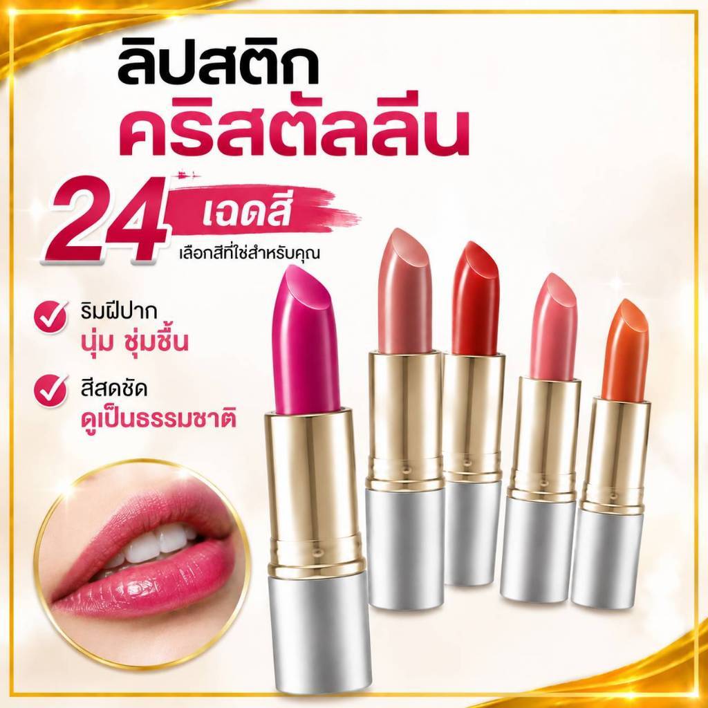 ลิปสติก ลิปคัลเลอร์ คริสตัลลีน กิฟฟารีน 24 เฉดสี LC01-LC24 สีชัด ติดทน  Giffarrine Lip
