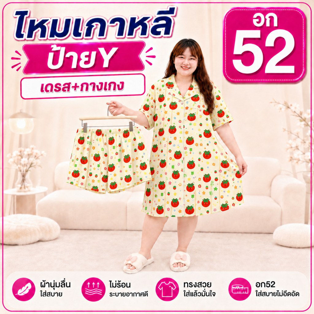 ชุดนอน ไหมเกาหลี ไซส์52 เดรส+กางเกงขาสั้น  ป้ายy