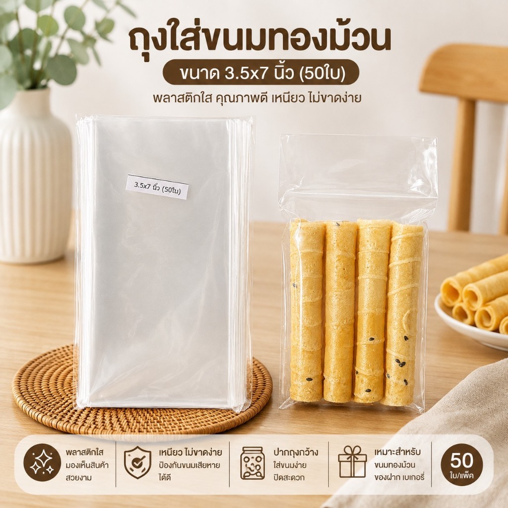 ถุงเเก้ว 3.5x7นิ้ว (50ใบ) ถุงใส่ทองม้วน4ชิ้น ถุงใส่ขนมทองม้วน ถุงOPP ถุงซีลได้