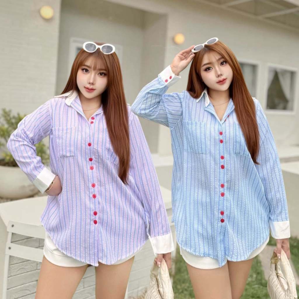 เสื้อเชิ้ตลายริ้ว สีพาสเทล ผ้าบับเบิ้ล ทอลายริ้ว 2 สี 4 ไซส์ (กรุณาอ่านไซส์ในรายละเอียดก่อนสั่งซื้อ)