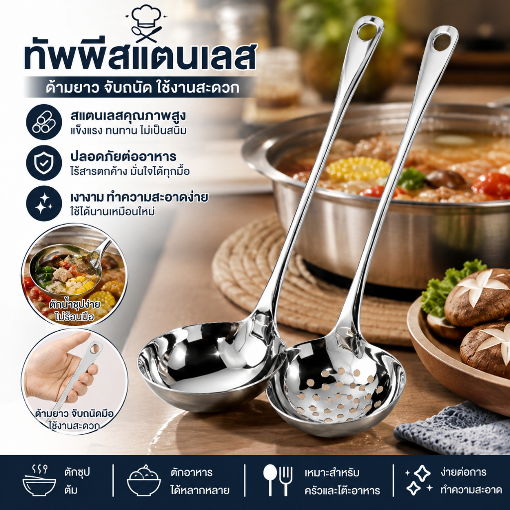 Luxe-T ช้อนสแตนเลสด้ามยาวช้อนซุปสำหรับหม้อร้อนกระชอนเครื่องใช้บนโต๊ะอาหารอุปกรณ์ทำอาหารที่จำเป็น