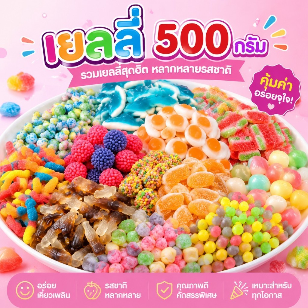 เยลลี่สุดฮิต หอมหวานกำลังดีสุดๆ ขนาด 500 กรัม ถุงใหญ่สุดคุ้ม มีให้เลือกหลากหลายแบบ น่าทานสุดๆ