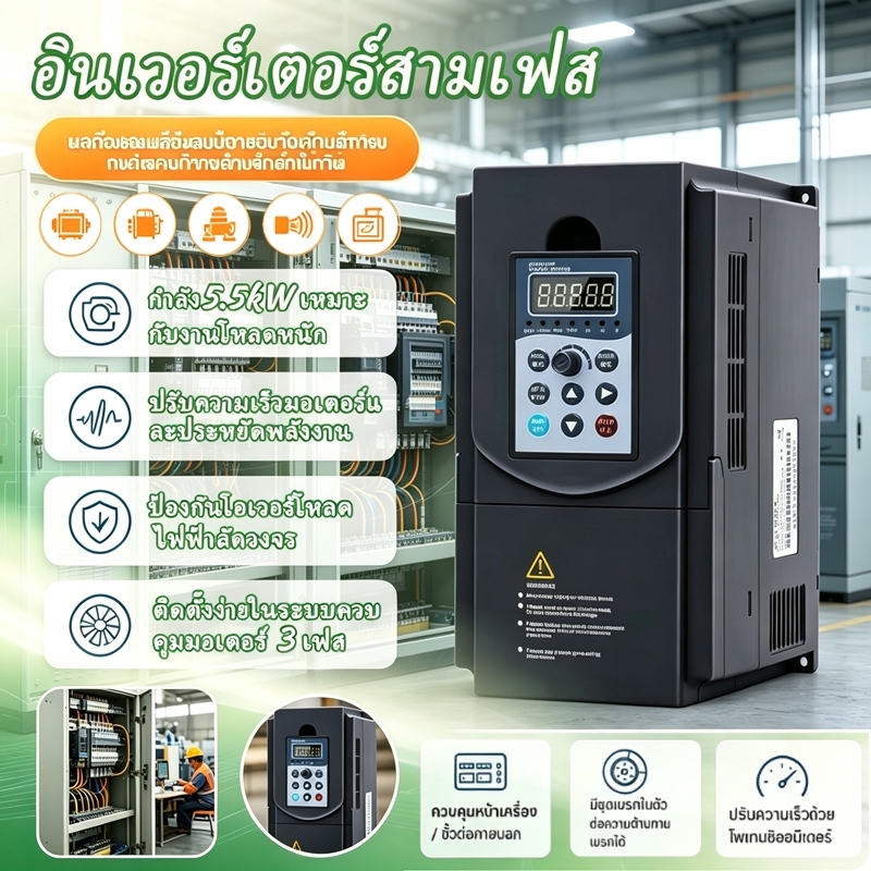 ตัวแปลงความถี่ VFD อินเวอร์เตอร์ แปลงไฟ 1เฟส 220V เข้า‑3เฟส 380V ออก 2.2KW 5.5KW Variable Frequency 