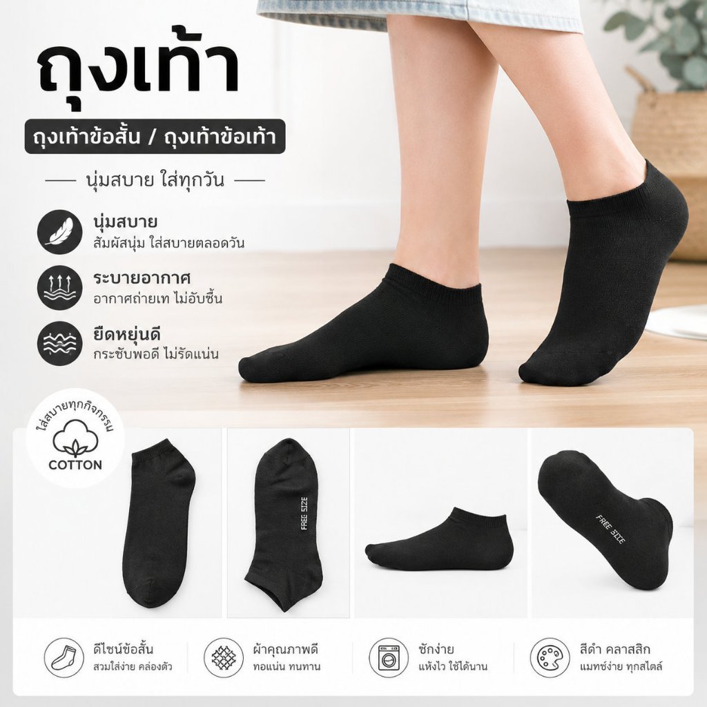ถุงเท้าข้อสั้น ถุงเท้าข้อเท้าสีดำ ผ้าฝ้ายนุ่ม ระบายอากาศดี ยืดหยุ่น ใส่สบาย FREE SIZE ใส่ทำงานและทุกวัน