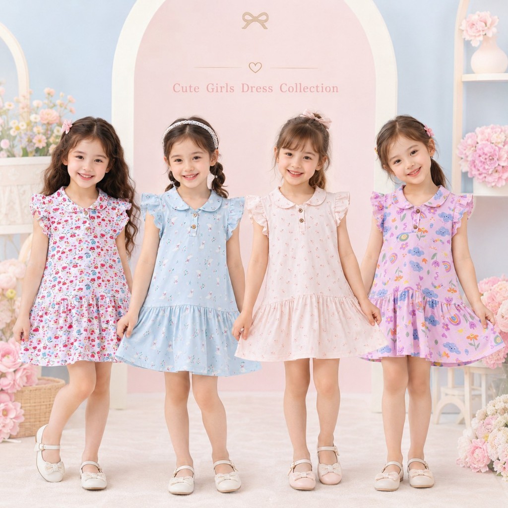 BB379 ชุดเดรสเด็กผู้หญิงทรงเอ คอปกแขนระบาย แฟชั่นลูกสาวสุดคิ้วท์