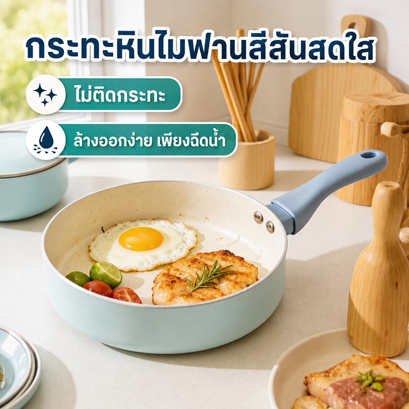 กระทะเคลือบหินอ่อนไม่ติดกระทะ สีพาสเทลสไตล์มินิมอล ขนาด 16/18/20 ซม. กระทะทอดไข่ ใช้ได้กับเตาทุกประเภท