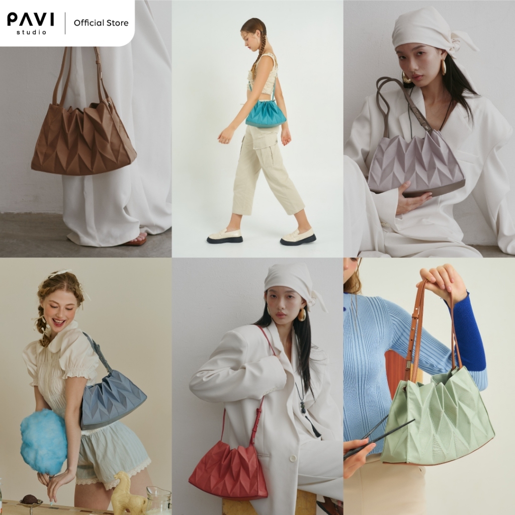(Ready to ship) Pavi Studio - W gyoza กระเป๋าผ้าอัดพลีทลาย W ฐานหนังแท้ มี 12 สี