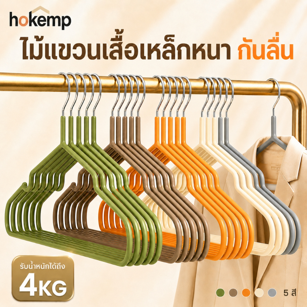 HOKEMP ไม้แขวนเสื้อเหล็ก เคลือบเรซิน กันลื่น กันสนิม แข็งแรง 10-50PCS ไม้แขวนเสื้อผู้ใหญ่ ตู้เสื้อผ้า