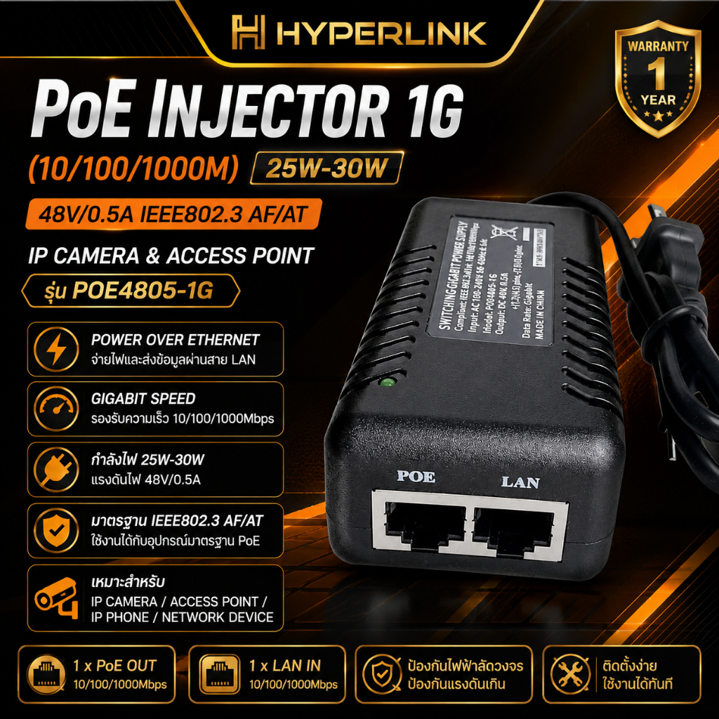 PoE Injector 1G (10/100/1000M) 25W-30W 48V/0.5A IEEE802.3 AF/AT IP Camera & Access Point รุ่น POE480