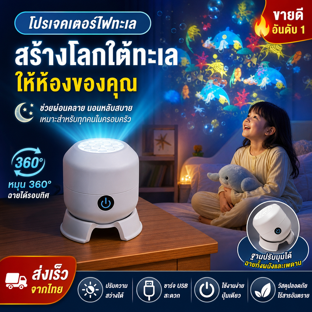 LED Ocean โปรเจคเตอร์ 360 องศาหมุนแบบไดนามิก USB Night โคมไฟ -ไฟโปรเจคเตอร์ ออโรร่า ลําโพงบลูทูธในตัวปรับได้ 12 โหมดสีเพ