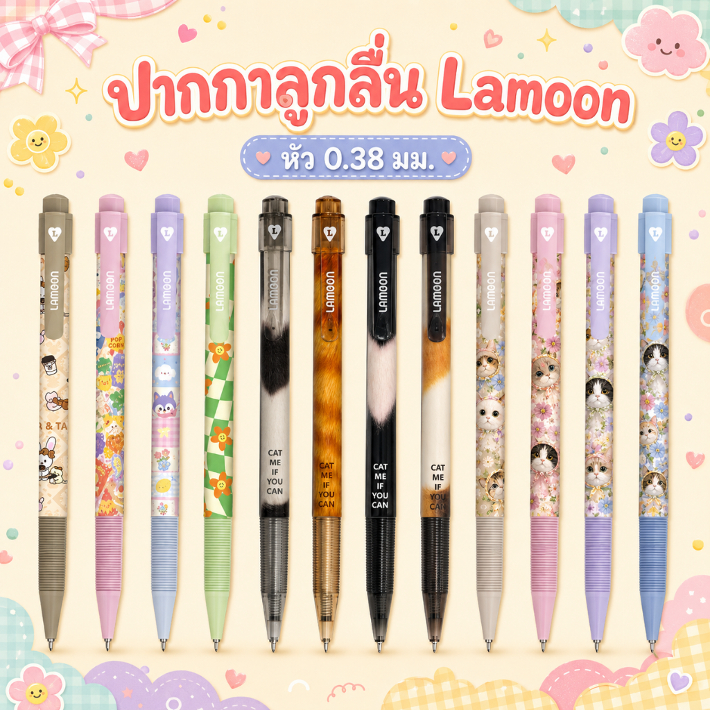 ปากกาสายมู ปากกาทาสแมว Lamoon ปากกาลูกลื่น แบบกด 0.38 มม. คุณภาพญี่ปุ่น ลายการ์ตูน หมึกน้ำเงิน ปากกา lamoon