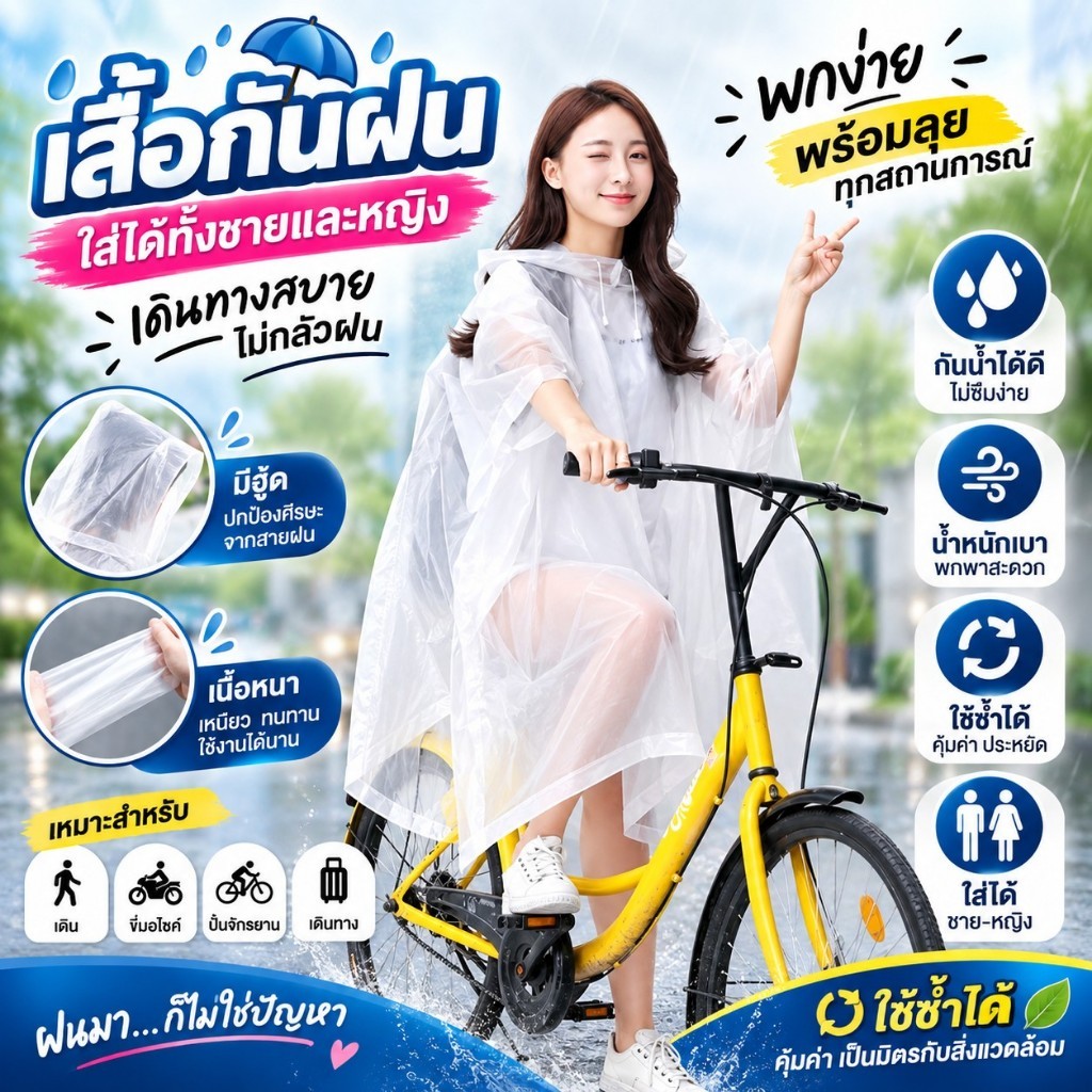 เสื้อกันฝนEVAสำหรับขับขี่รถจักรยาน/มอเตอร์ไซค์ เสื้อกันฝนปีกค้างคาว ใส่ได้ทั้งชาย-หญิง ทนทานไม่ขาดง่าย