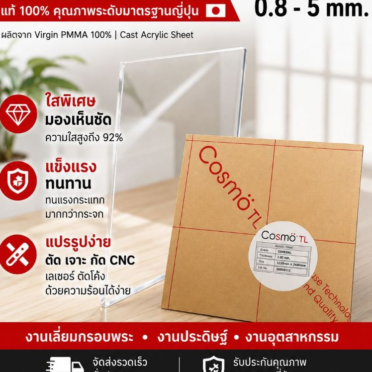 แผ่นอะคริลิคใส คุณภาพญี่ปุ่น Cosmo หนา 0.8-5 mm (ขนาด 31 x 31 cm) ออกใบกำกับภาษีได้