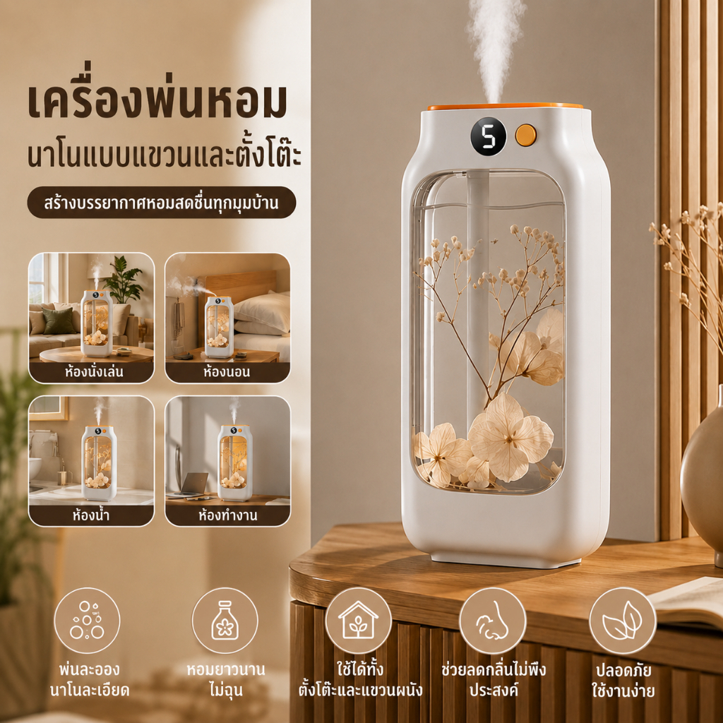 เครื่องพ่นน้ำหอม สเปรย์ระดับนาโน 5 ระดับ กระจายความหอมละเอียด วางโต๊ะหรือติดผนังได้ หอมยาวนาน ลดกลิ่นอับในบ้าน