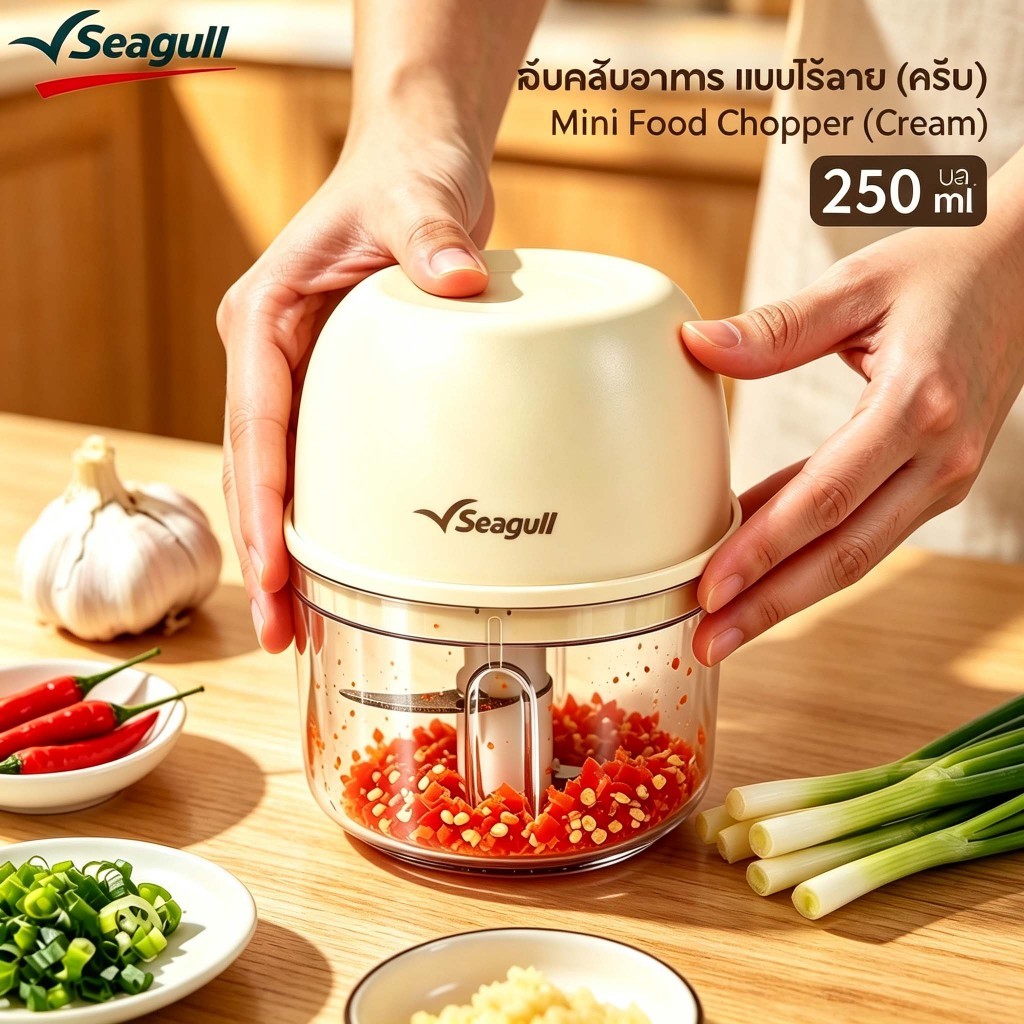 Seagull เครื่องบดสับอาหารไร้สาย 250 มล. สีครีม Mini Food Chopper มีดสแตนเลส ทำอาหารเสริมทารก